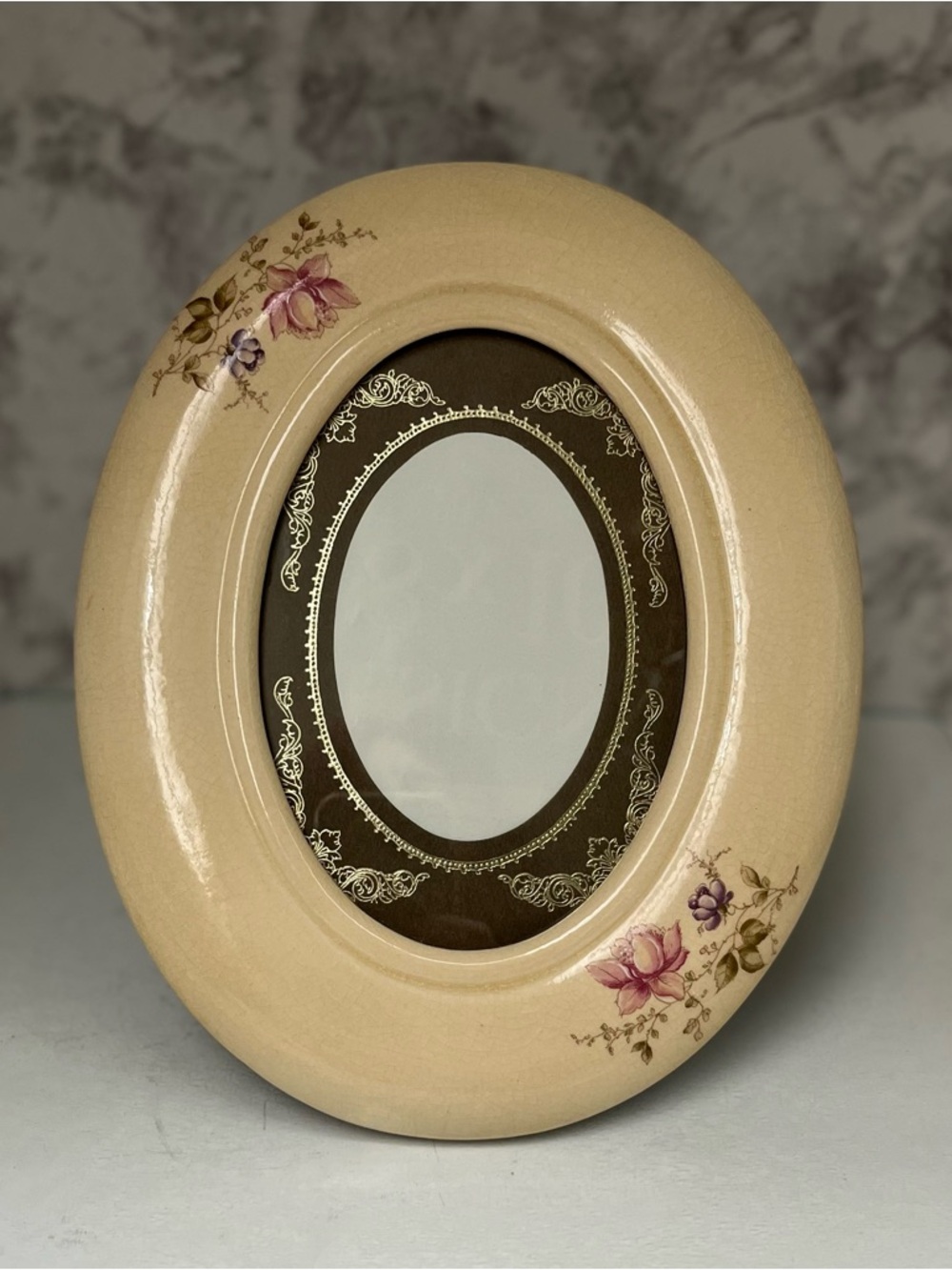 Vintage 1980s Ceramic Oval Picture Frame, Hand-Painted Floral Glazed Porcelain